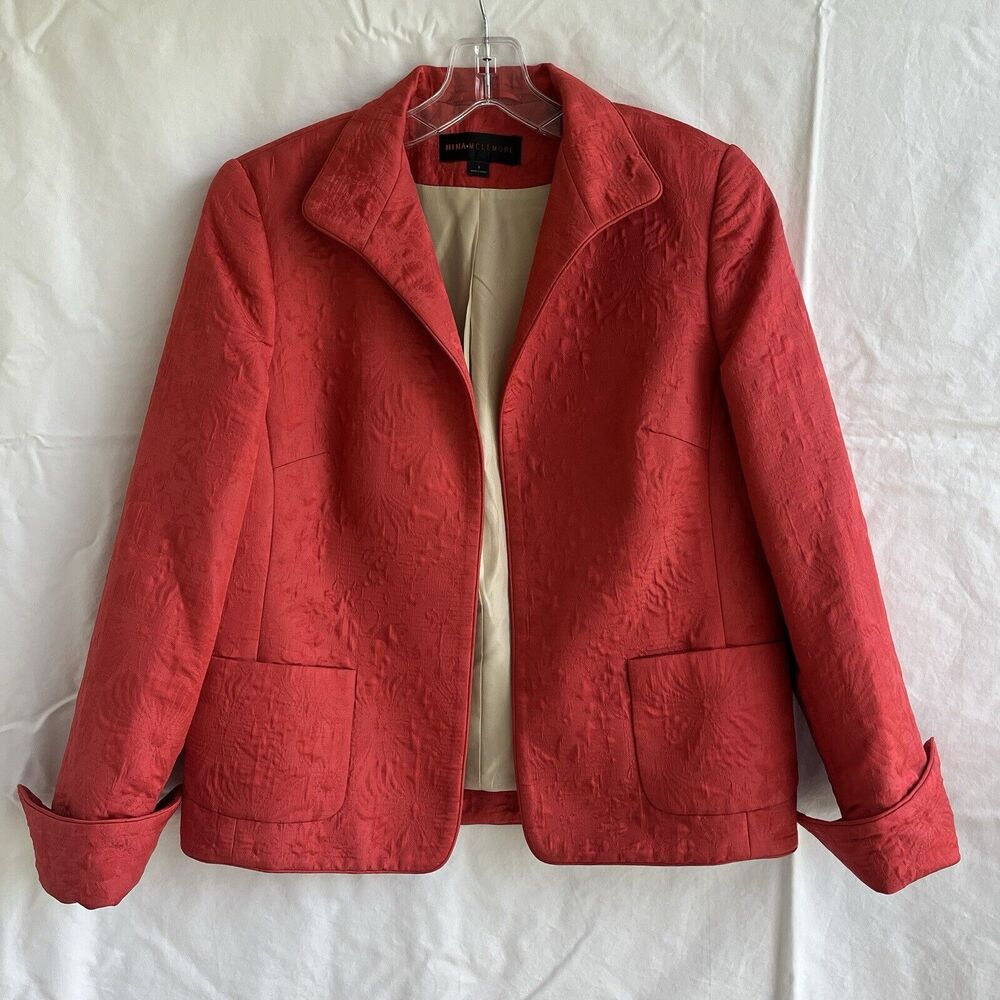 Nina McLemore floral embossed design red/coral silk blazer Size 8, preppy, work